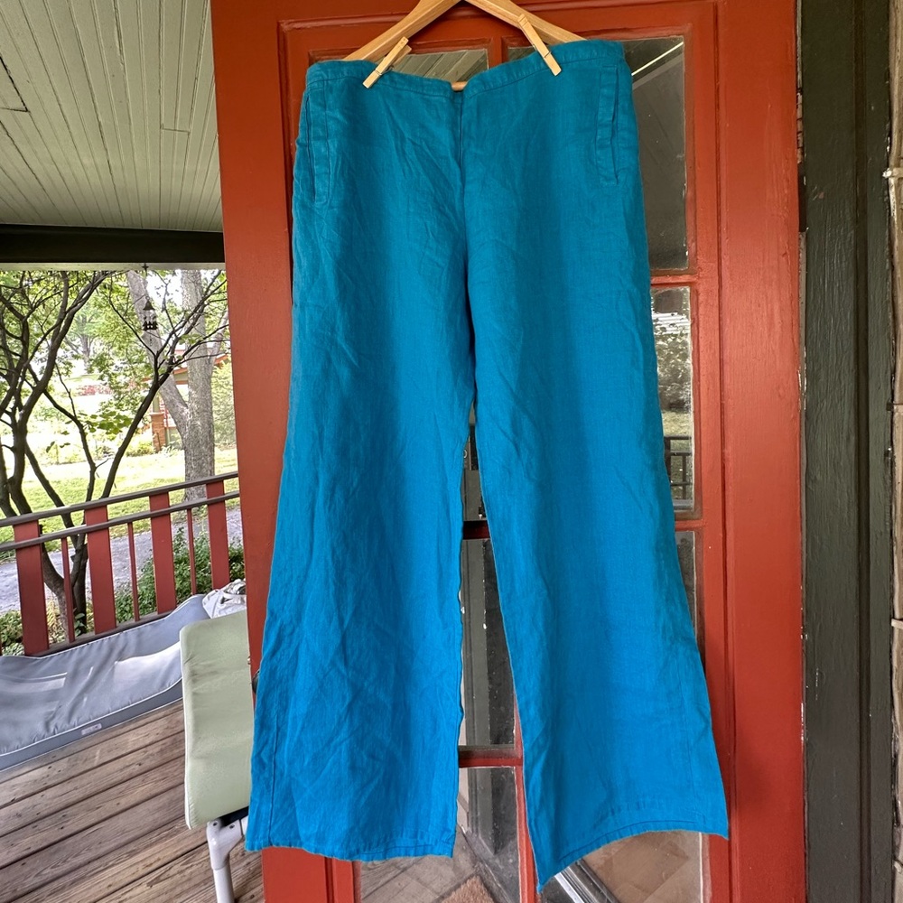 NWOT FLAX Turquoise Linen Pants With Pockets Size Medium